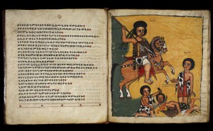 Doppelseite des Kodex, links Text, rechts eine Illustration, die Goliath und David zeigt
